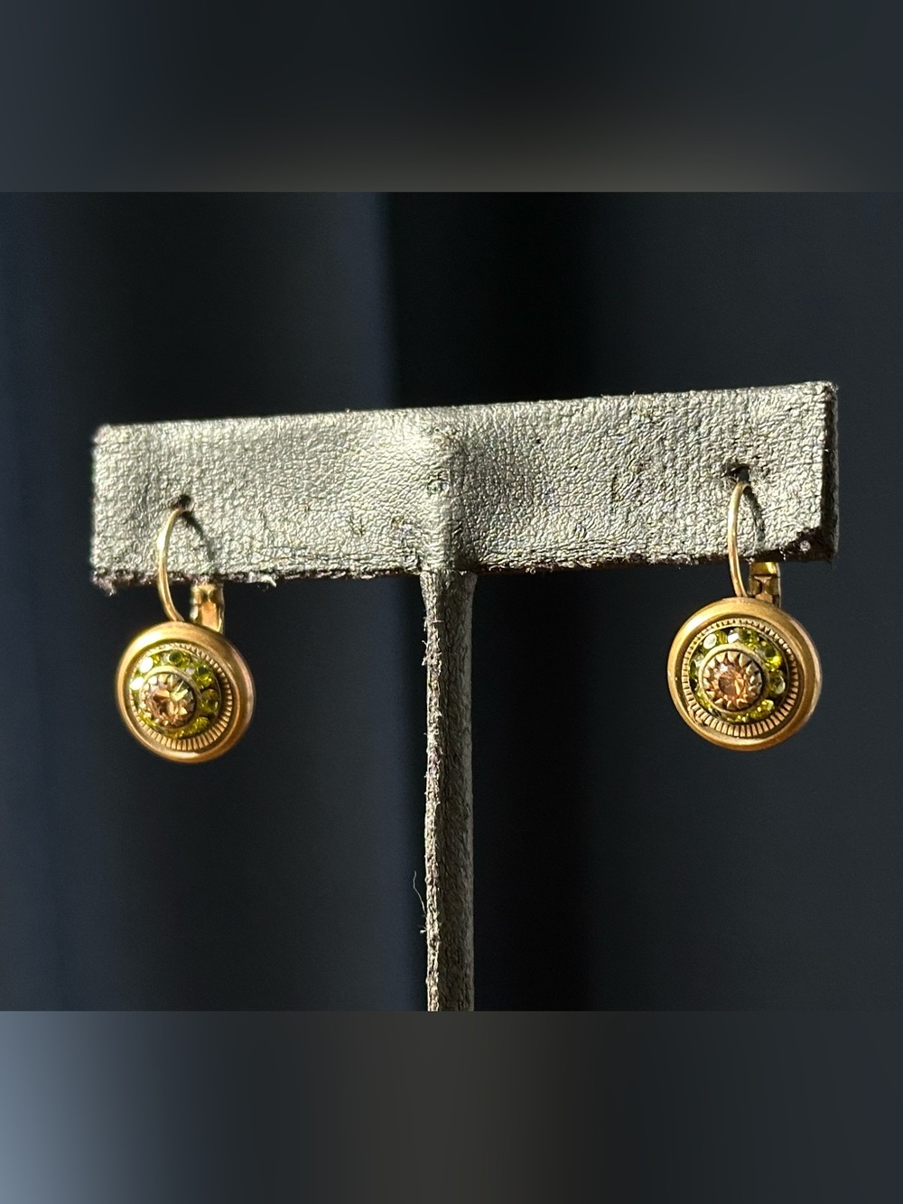 Liz Palacios Olive Green Swarovski Crystal Drop Earrings Vintage Victorian Style